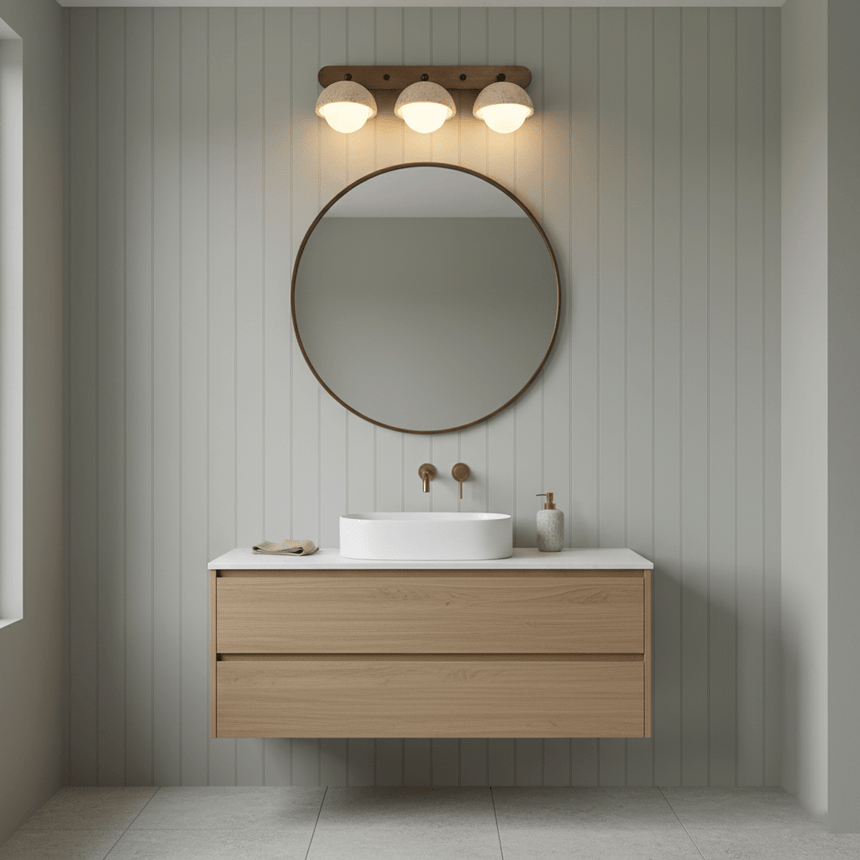 Three domes lit above a round mirror and a basin on a pale wood vanity
