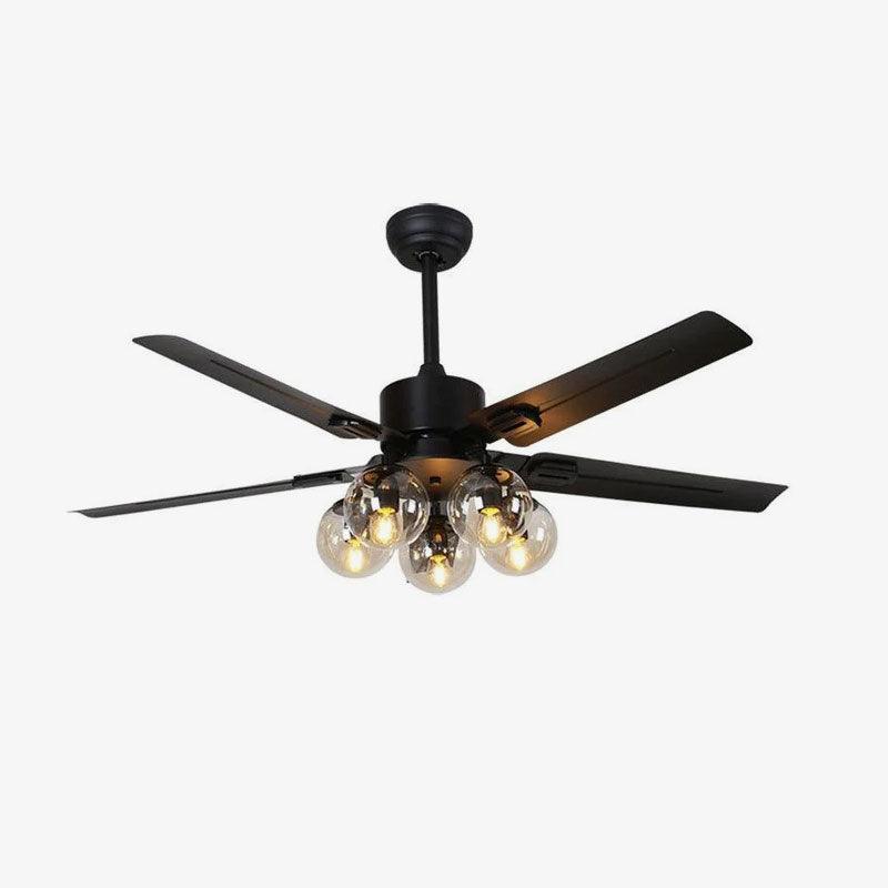 Black ceiling fan seen from below showing five blades