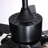 Close view of the black motor housing of the ceiling fan