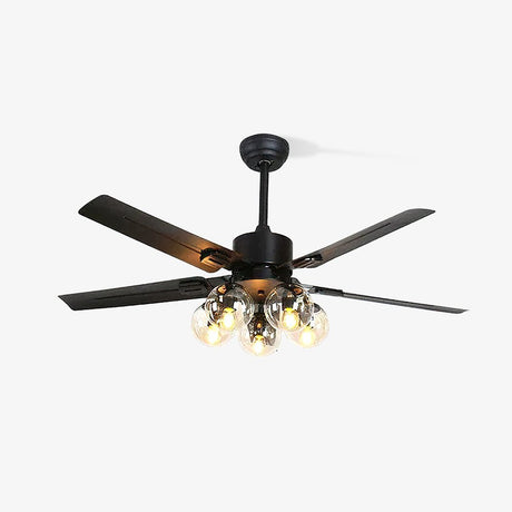 Black ceiling fan with glass globes seen from the side