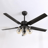 Black ceiling fan seen from below with the blades fanned out