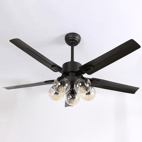 Black ceiling fan seen from below with the blades fanned out