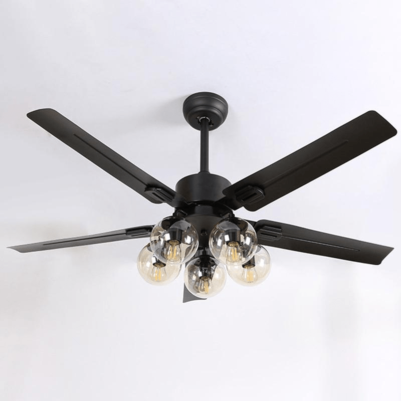 Black ceiling fan seen from below with the blades fanned out