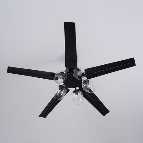 Black ceiling fan seen from below against a plain ceiling