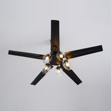 Black ceiling fan with the globe cluster lit, seen from below