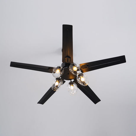 Black ceiling fan with the globe cluster lit, seen from below
