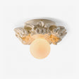 Vintage flush mount ceiling light with a hand carved floral shade and an opal globe