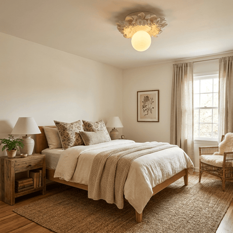 Carved floral ceiling light above a bed with linen covers and a wood nightstand