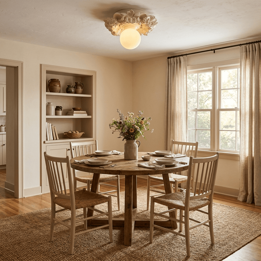 Carved floral ceiling light above a round dining table with spindle chairs
