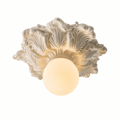 Underside of the carved floral ceiling light showing the carved petals