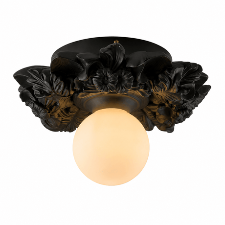 Matte black carved floral ceiling light with a white opal globe