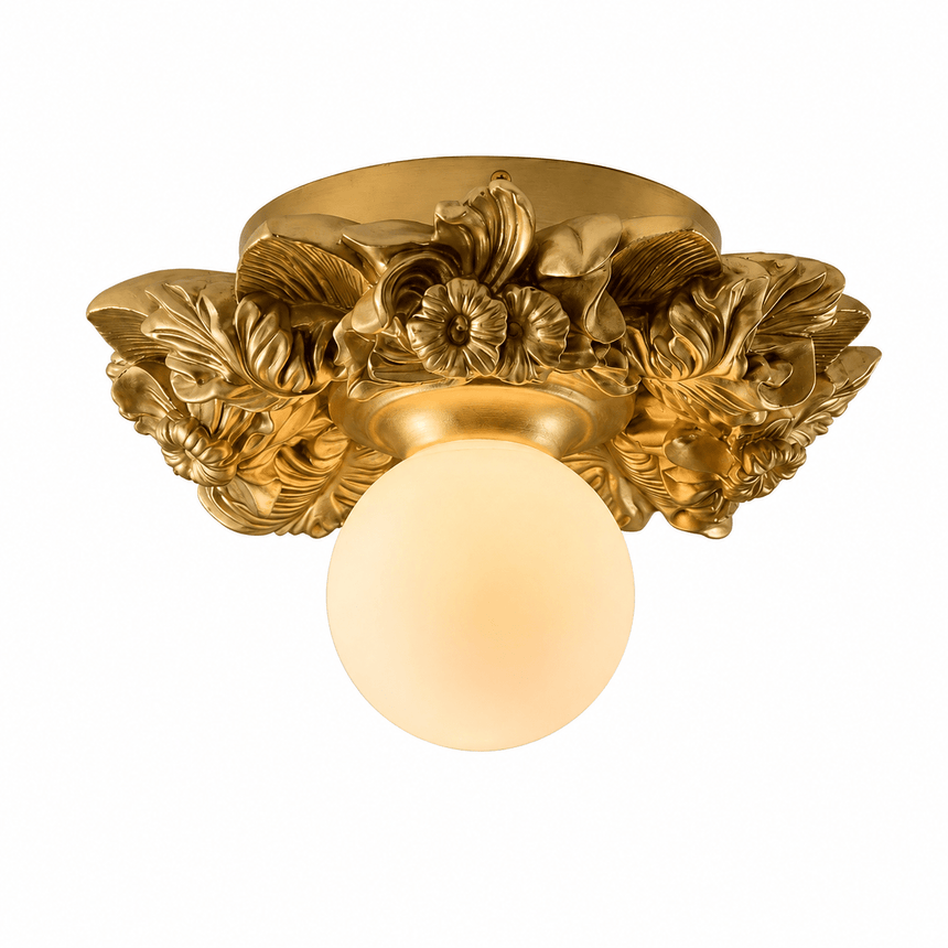 Gilded gold carved floral ceiling light seen from the side