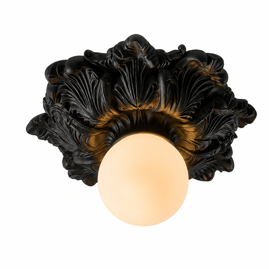 Matte black carved floral ceiling light seen from the side