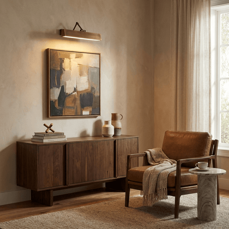 Bronze bar lit over an abstract canvas above a wood cabinet beside a leather chair