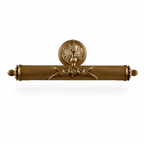 The scrolled bar seen level, finials closing the tube at both ends