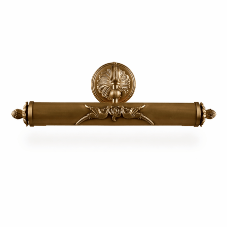 The scrolled bar seen level, finials closing the tube at both ends