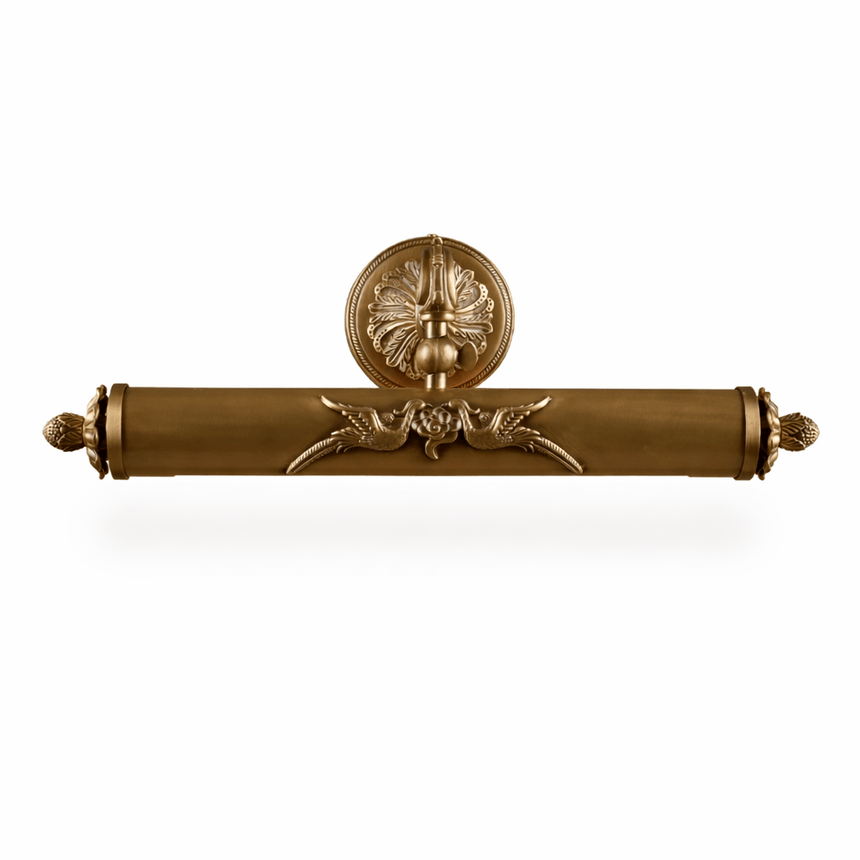 The scrolled bar seen level, finials closing the tube at both ends
