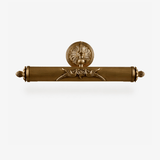 Scrolled brass bar with a cast round backplate and turned finials