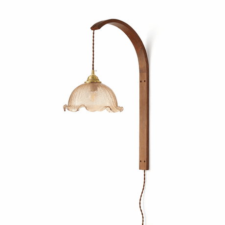 Scalloped clear glass shade lit on the wood arm with the brass socket above
