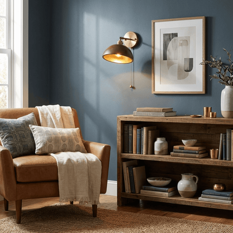 Sconce lit in a corner above a bookcase and an armchair