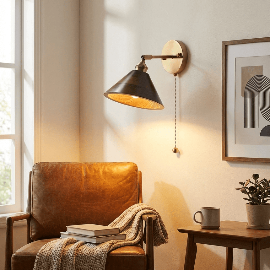 Sconce lit above a leather armchair beside a framed picture