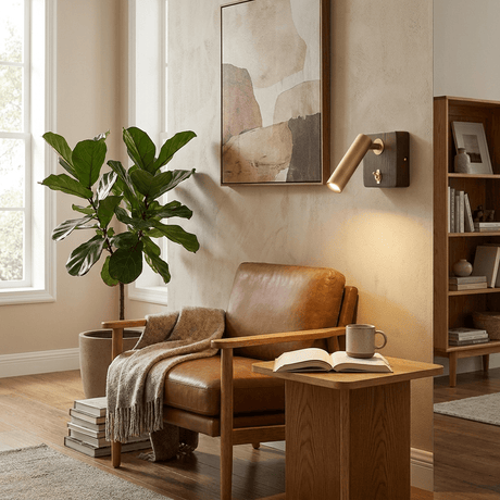 Reading lamp lit beside a leather armchair and a wood side table