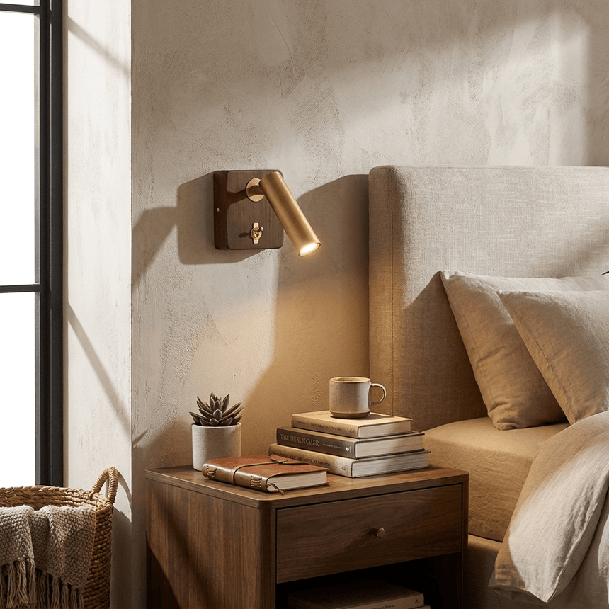 Reading lamp lit above a nightstand with books and a small cup