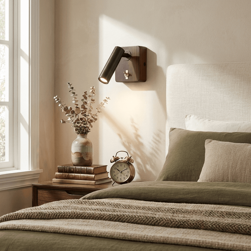 Reading lamp lit beside a bed above a stack of books and an alarm clock