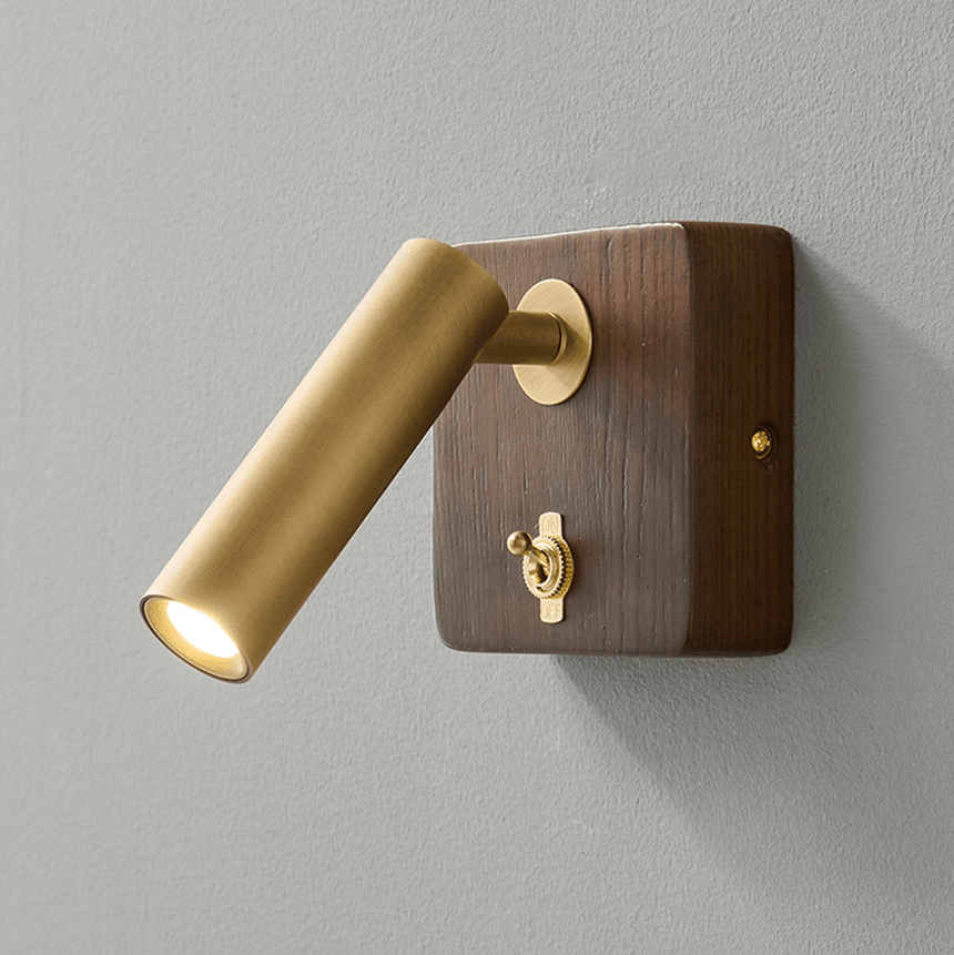 Close view of the brass reading head and the toggle switch on the wood plate