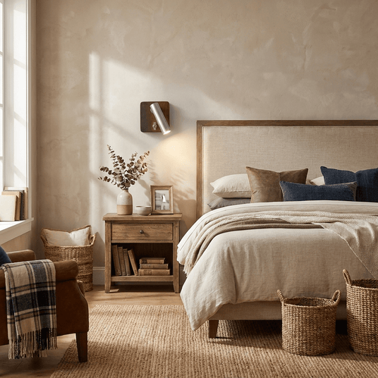 Reading lamp lit above a bed with a woven headboard and linen bedding