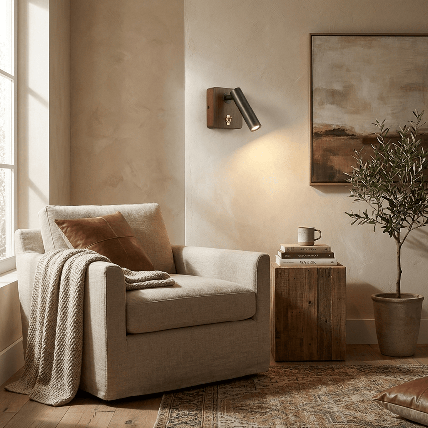 Reading lamp lit on a wall beside a pale armchair and a small olive tree