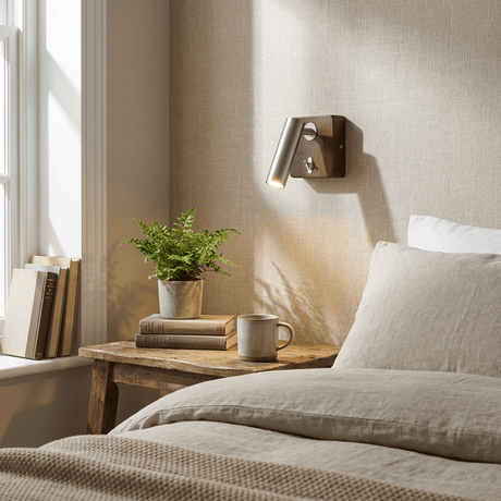 Reading lamp lit on a wall above a bed beside a small wood shelf