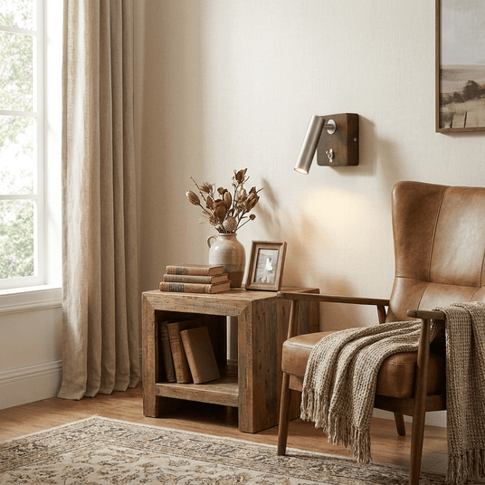 Reading lamp lit above a crate shelf beside an armchair with a throw