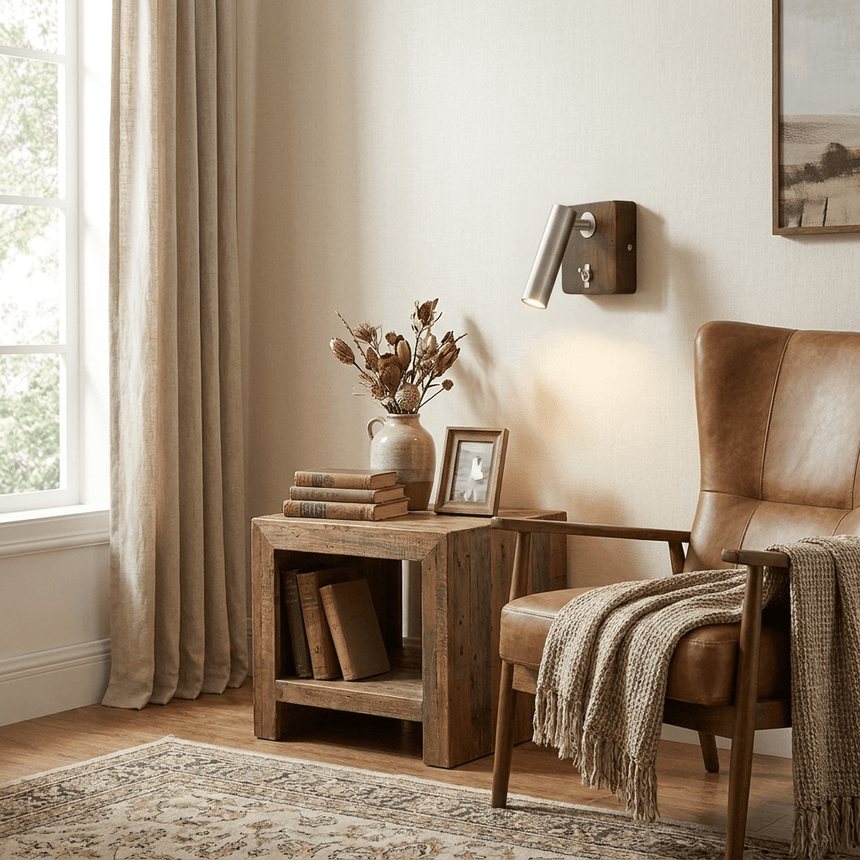 Reading lamp lit above a crate shelf beside an armchair with a throw