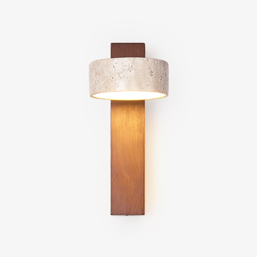 Wall lamp for reading, a travertine drum head on a walnut bar with a pull cord