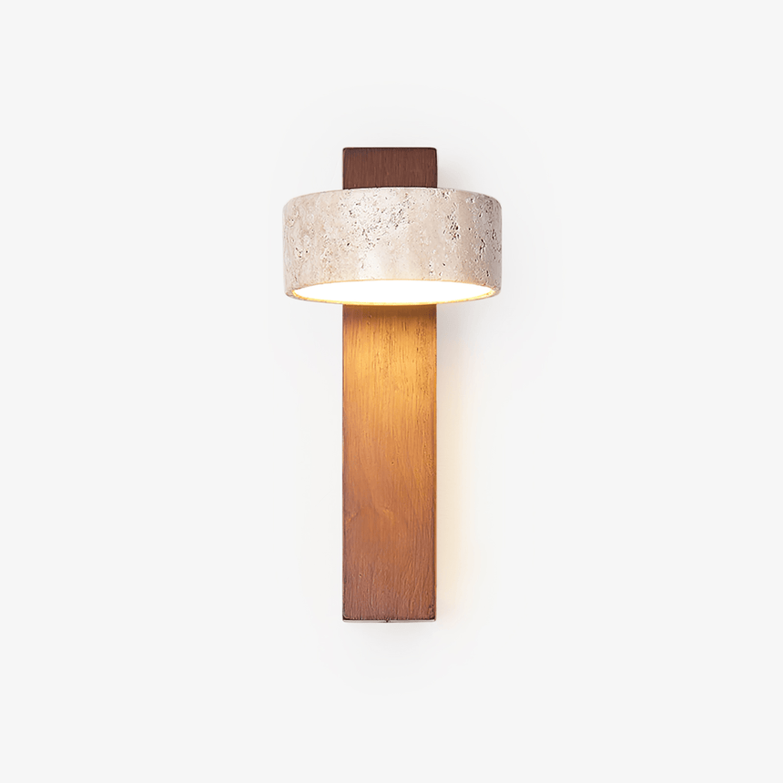 Walnut bar with the travertine drum head aimed straight down, seen unlit