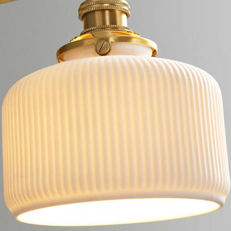 Close view of the ribbed white glaze on the ceramic shade, lit from inside