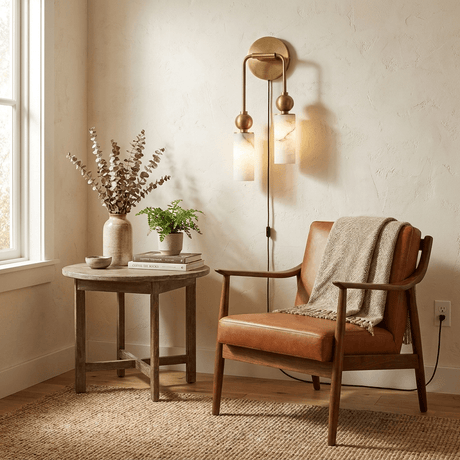 The lit lamp above a round side table beside a leather armchair