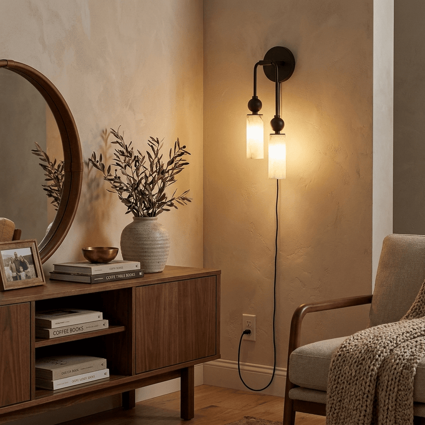 The lit lamp beside a round mirror above a console with a vase