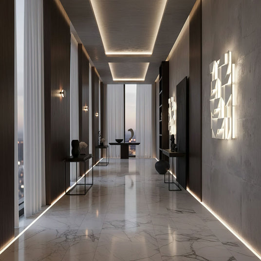 Two panels lit along a corridor with a marble floor and dark timber walls