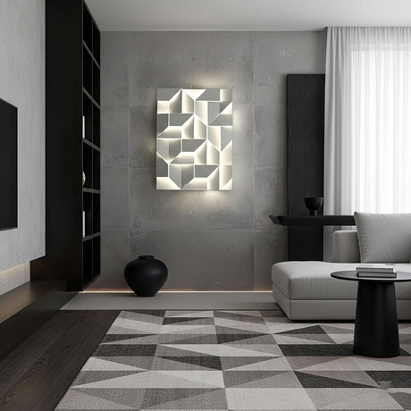 Lit above a low sofa in a room with a checkered rug and a dark bookcase