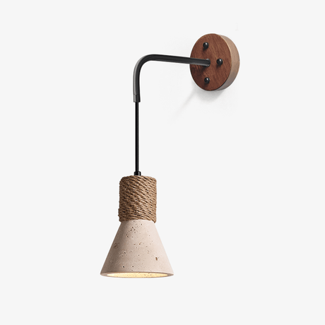Wall light with a walnut plate, a black arm and a travertine cone wrapped in rope