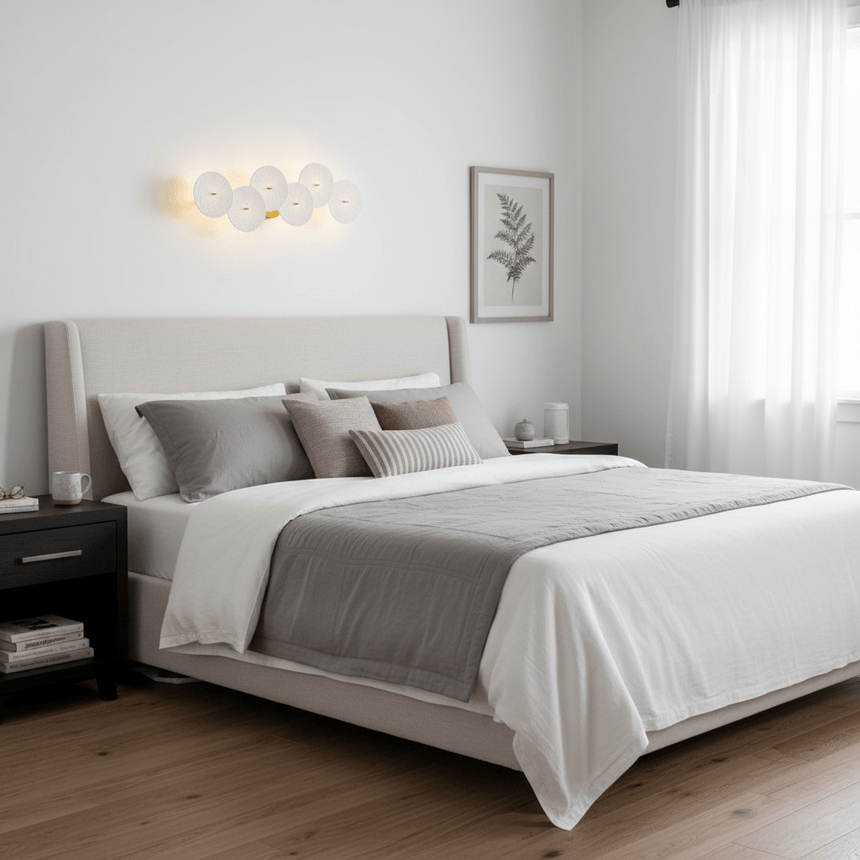 The disc light above a gray and white bed beside a window with sheer curtains