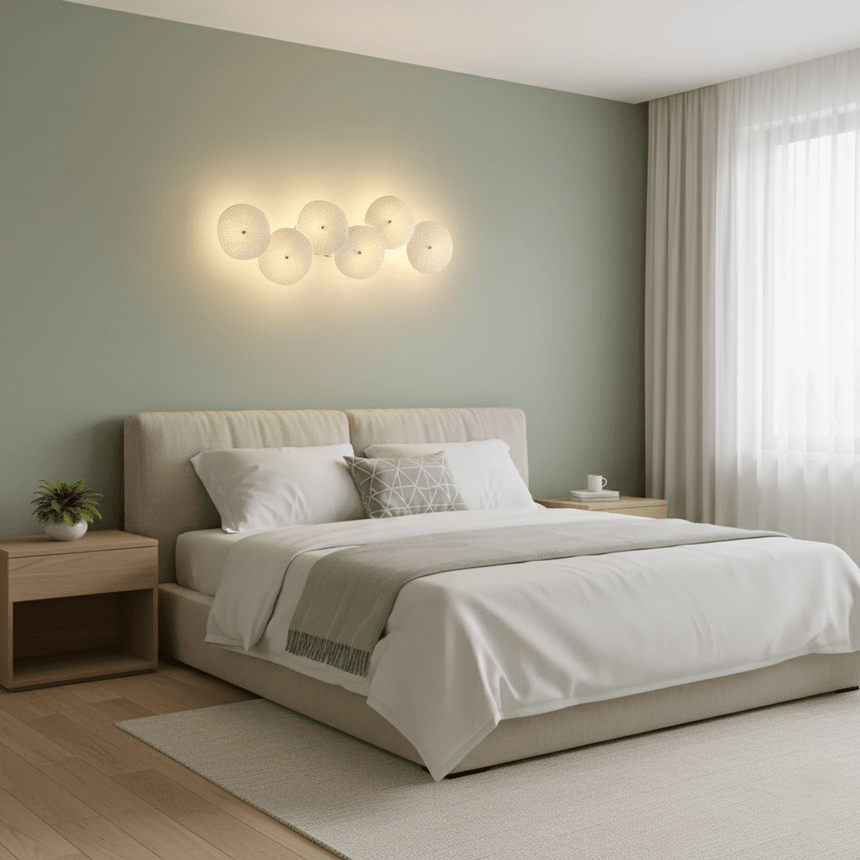 The disc light glowing on a sage green wall above a bed with white linens