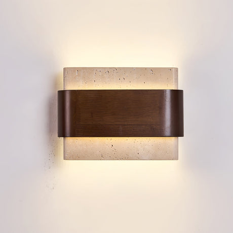 The block lit, warm light leaving above and below the walnut band