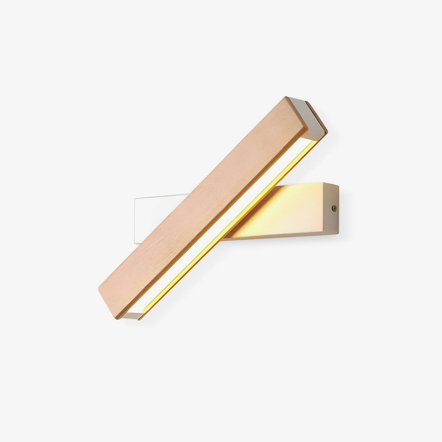 Wall sconce with an adjustable arm, a wood bar tilted on a white bracket