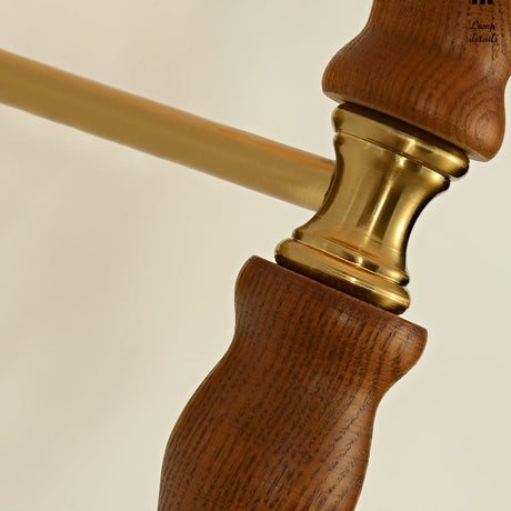 Close view of the turned walnut column and its brass collar
