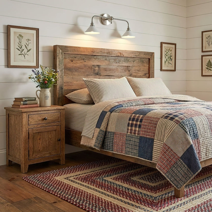 A double sconce above a reclaimed wood headboard and a patchwork quilt