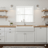 Two cone shade sconces on a white tile wall either side of a window above a farmhouse sink