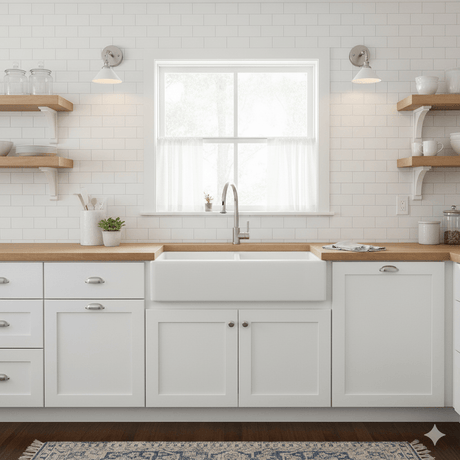 Two cone shade sconces on a white tile wall either side of a window above a farmhouse sink